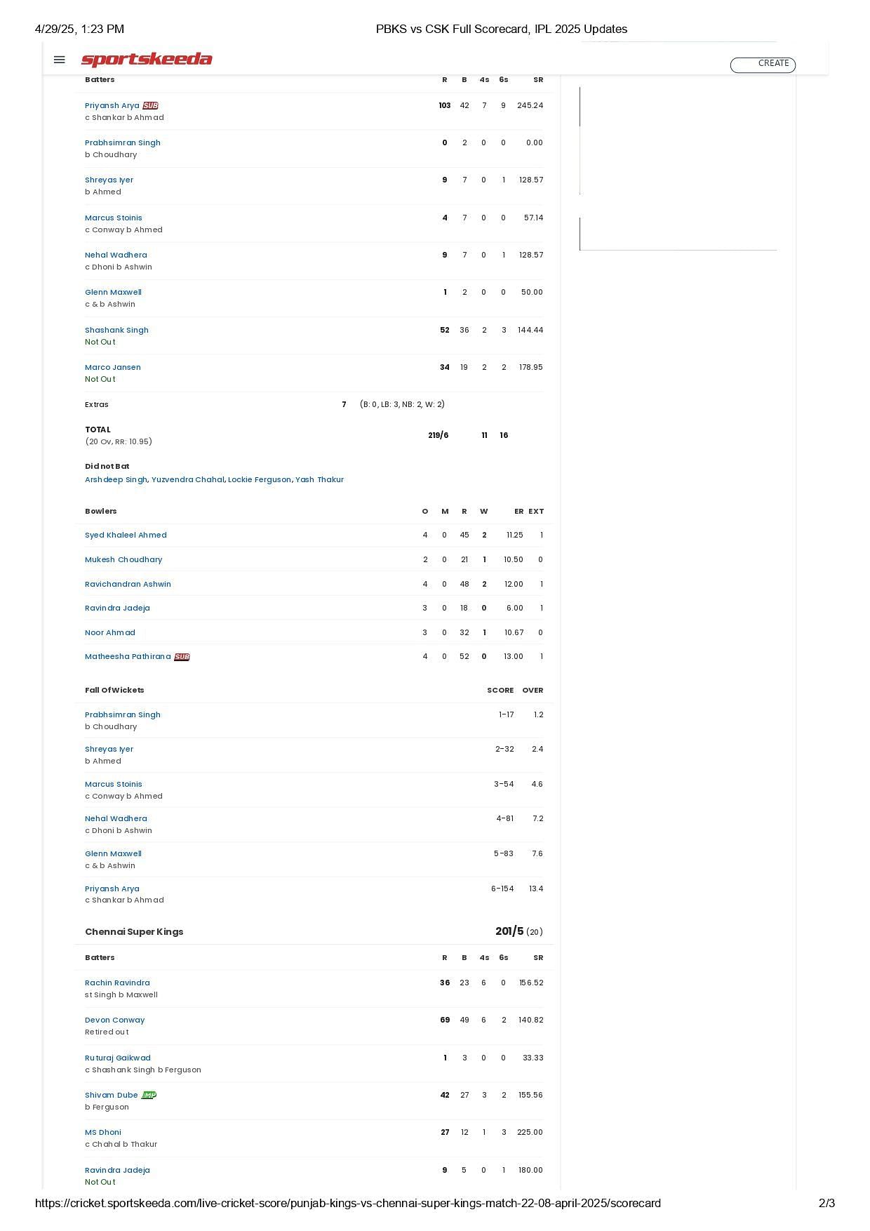PBKS vs CSK IPL 2025 scorecard.